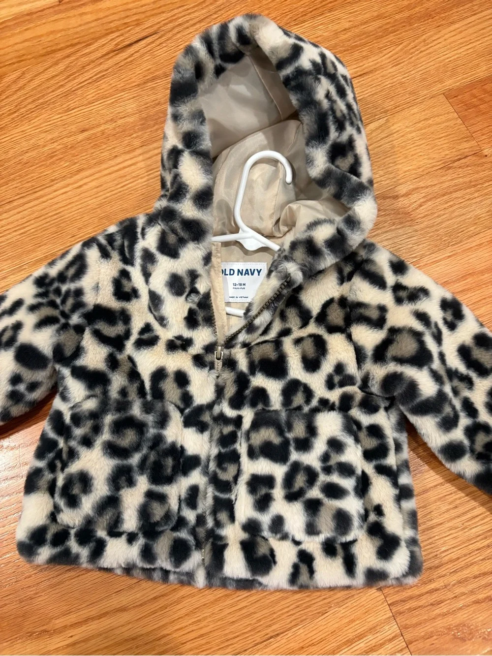 Old Navy Faux Fur Leopard Hooded Jacket for Kids - Ivory & Black